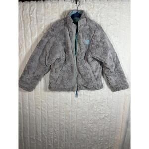 Girls The North Face Reversible Furry Grey MossBud Swirl Blue Jacket - Size XS